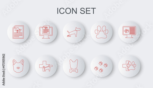 Set line Veterinary clinic, Dog, pooping, Paw print, Medical certificate for dog or cat, Clinical record pet on monitor, and and bone icon. Vector