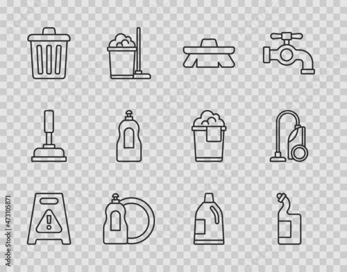 Set line Wet floor, Dishwashing liquid bottle, Brush for cleaning, Trash can, Bottle agent and Vacuum cleaner icon. Vector