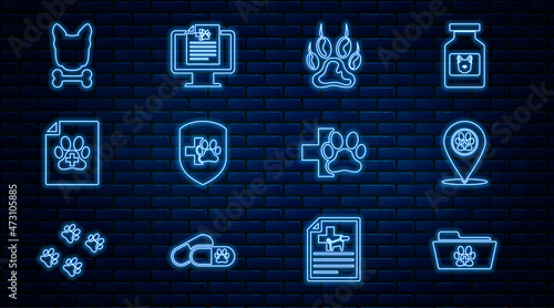 Set line Medical veterinary record folder, Location, Paw print, Animal health insurance, certificate for dog, Dog and bone, Veterinary clinic and Clinical pet monitor icon. Vector