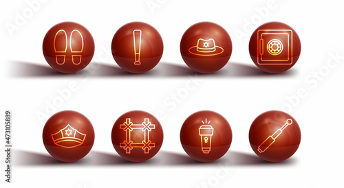 Set line Footsteps, Police cap with cockade, Safe, Flashlight, Prison window, Baseball bat, Telescopic baton and Sheriff hat badge icon. Vector