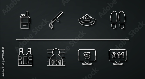Set line Walkie talkie, Bulletproof vest, Footsteps, Police badge, Suspect criminal, rubber baton, Telephone call 911 and cap with cockade icon. Vector