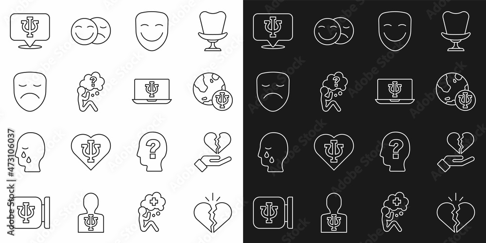 Set line Broken heart or divorce, Psychology, Psi, Comedy theatrical mask, Head with question mark, Drama, and Psychologist online icon. Vector