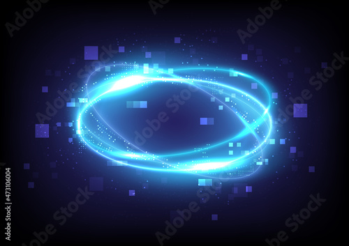 Technology glowing swirl light effect. Magic abstract frame. Power energy of circular element. Luminous sci-fi. Shining neon lights cosmic. Futuristic swirl universe trail effect. Glitch and pixels