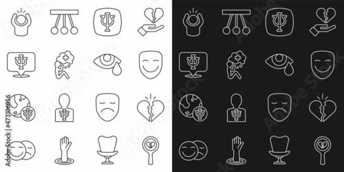 Set line Broken heart or divorce, Comedy theatrical mask, Psychology, Psi, Helping hand, Anger and Tear cry eye icon. Vector