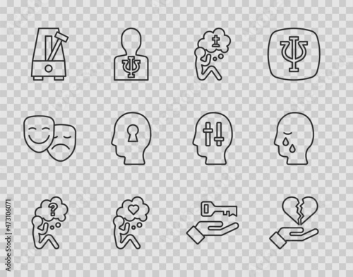 Set line Head with question mark, Broken heart or divorce, Man graves funeral sorrow, Metronome pendulum, Solution to the problem, and icon. Vector