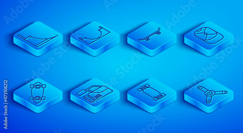 Set line Skate park, Skateboard, Cinema camera, Longboard or skateboard, Baseball cap, and Y-tool icon. Vector