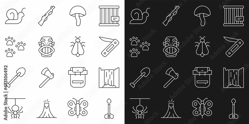 Set line Arrow, Waterfall, Swiss army knife, Mushroom, Mexican mayan or aztec mask, Paw print, Snail and Mosquito icon. Vector Set line Arrow, Waterfall, Swiss army knife, Mushroom, Mexican mayan or aztec mask, Paw print, Snail and Mosquito icon. Vector