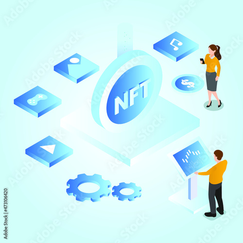 Buying and selling NFT isometric 3d vector concept for banner, website, illustration, landing page, flyer, etc.