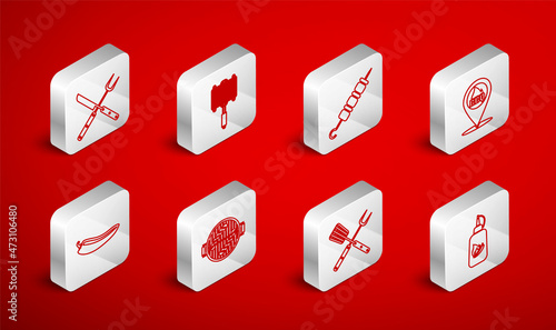 Set line Ketchup bottle, Barbecue steel grid, Grilled shish kebab, Location with barbecue, Crossed fork and spatula, knife, grill sausage and Hot chili pepper pod icon. Vector