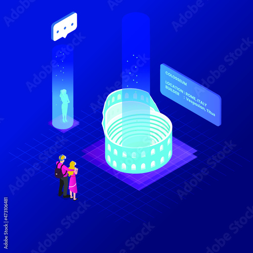 Travel to Rome visiting Colosseum in virtual world isometric 3d vector concept for banner, website, illustration, landing page, flyer, etc.