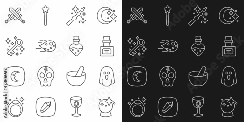 Set line Magic ball  Ghost  Bottle with potion  wand  Fireball  Old magic key  Crossed medieval sword and icon. Vector