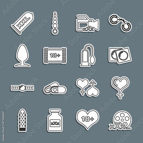 Set line Film reel with Sex, Female gender and heart, Condoms in package, Video camera, Play 18 plus, Anal plug, safe sex and Penis pump icon. Vector