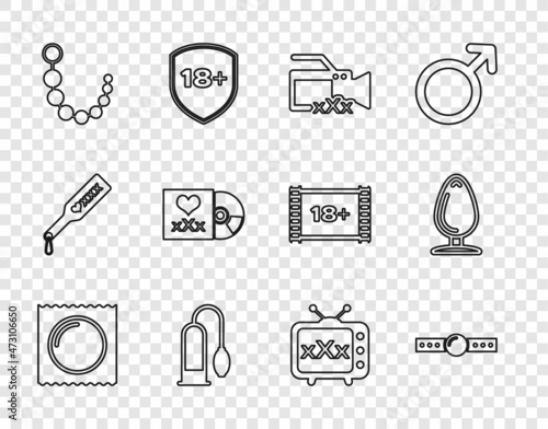 Set line Condom in package, Silicone ball gag, Video camera with Sex, Penis pump, Anal beads, Disc inscription, tv old television and plug icon. Vector