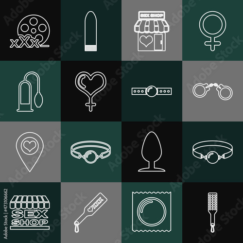 Set line Spanking paddle, Silicone ball gag, Handcuffs, Sex shop building, Female gender heart, Penis pump, Film reel with and icon. Vector