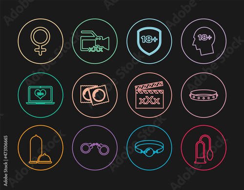 Set line Penis pump, Leather fetish collar, Shield with 18 plus, Condoms in package, Laptop content, Female gender symbol, Movie clapper Sex and Video camera icon. Vector