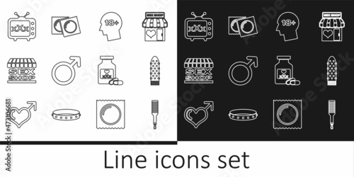 Set line Spanking paddle, Dildo vibrator, Head with 18 plus, Male gender symbol, Sex shop building, tv old television, Bottle pills for potency and Condoms package icon. Vector