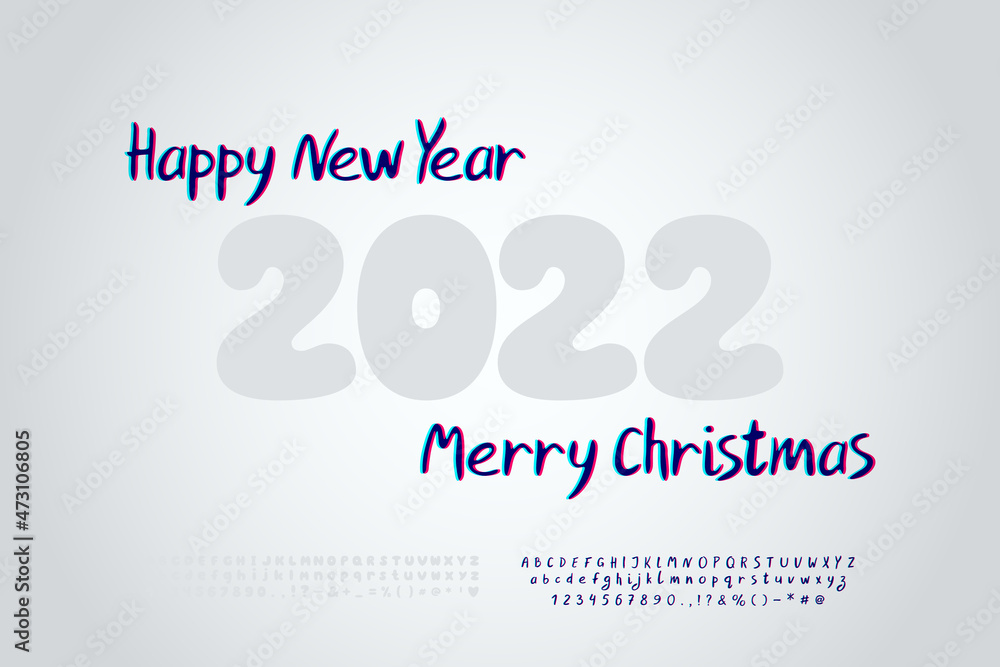 Decorative poster Happy New Year and Merry Christmas. Modern glitch style font on gray gradient background. Two vector fonts sets are included Decorative poster Happy New Year and Merry Christmas. Modern glitch style font on gray gradient background. Two vector fonts sets are included