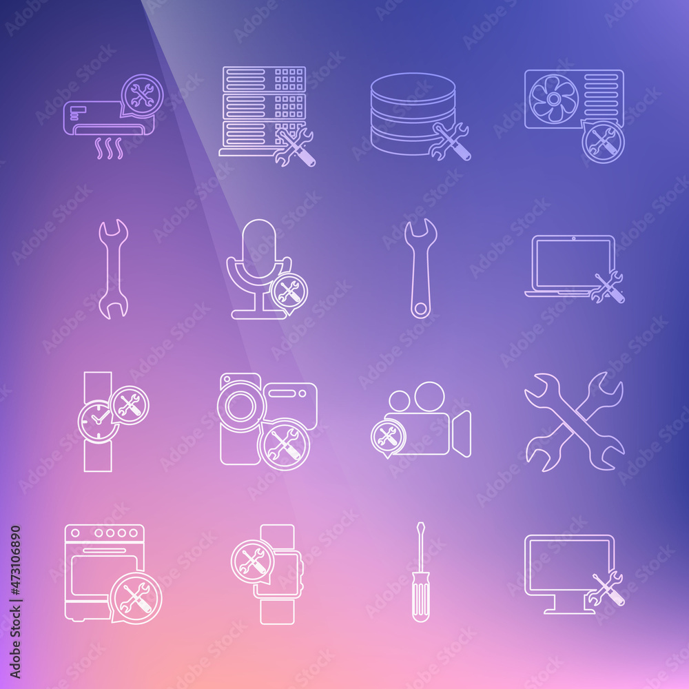 Set line Computer monitor service, Crossed wrenchs, Laptop, Database server, Microphone, Wrench, Air conditioner and icon. Vector Set line Computer monitor service, Crossed wrenchs, Laptop, Database server, Microphone, Wrench, Air conditioner and icon. Vector