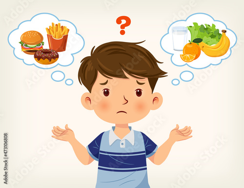 Cute boy was thinking of choosing between junk food or healthy food. Vector illustration