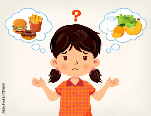 Cute girl was thinking of choosing between junk food or healthy food. Vector illustration