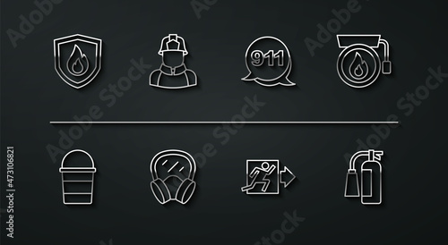 Set line Fire protection shield, bucket, Ringing alarm bell, exit, Gas mask, Firefighter, extinguisher and Emergency call 911 icon. Vector