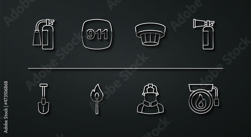 Set line Fire extinguisher, shovel, Firefighter, Burning match with fire, Emergency call 911, Ringing alarm bell and Smoke system icon. Vector