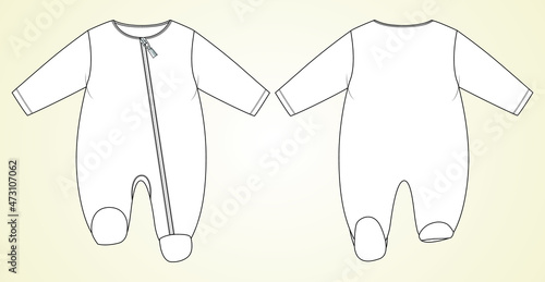 Baby bodysuit  Romper  Technical Fashion Flat sketch vector illustration template Front And back view. Modern Stylish Kids Dress design Easy edit and customizable.