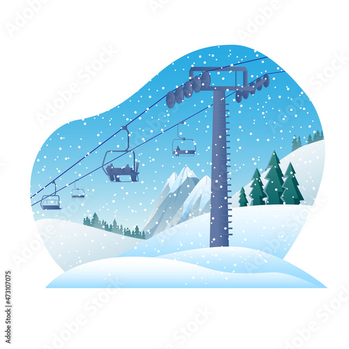 The image of a chairlift ski lift on the background of a mountain winter landscape. Vector illustration.
