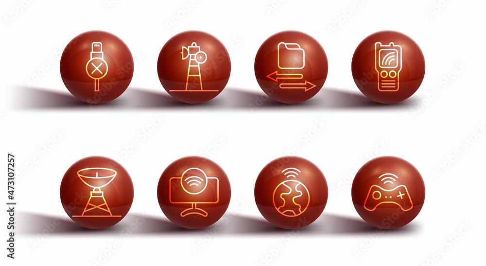 Set line No usb cable cord, Satellite dish, Walkie talkie, Global technology, Smart Tv system, Wireless gamepad and Transfer files icon. Vector Set line No usb cable cord, Satellite dish, Walkie talkie, Global technology, Smart Tv system, Wireless gamepad and Transfer files icon. Vector
