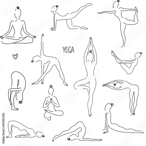 Black and white seamless pattern of yoga poses. Yoga abstract background with asanas, symbols and text