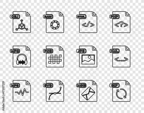Set line MP3 file document, GIF, HTML, SVG, OBJ, PNG, MSG and XML icon. Vector