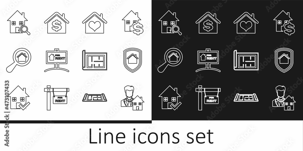 Set line Realtor, House under protection, with heart shape, Hanging sign For Rent, Search house, plan and dollar icon. Vector Set line Realtor, House under protection, with heart shape, Hanging sign For Rent, Search house, plan and dollar icon. Vector