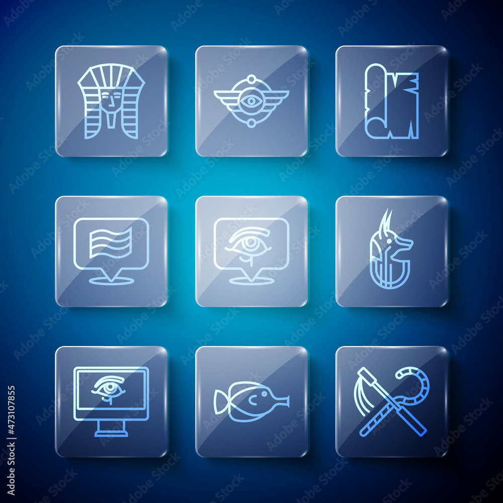 Set line Eye of Horus on monitor, Butterfly fish, Crook and flail, Papyrus scroll, Flag Of Egypt, Egyptian pharaoh and anubis icon. Vector Set line Eye of Horus on monitor, Butterfly fish, Crook and flail, Papyrus scroll, Flag Of Egypt, Egyptian pharaoh and anubis icon. Vector