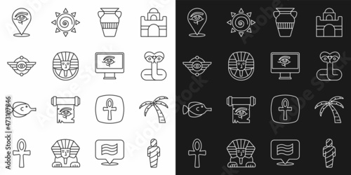 Set line Egypt mummy, Tropical palm tree, Snake, Egyptian vase, pharaoh, symbol Winged sun, Eye of Horus and on monitor icon. Vector