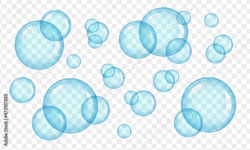 Blue soap bubbles isolated on transparent background