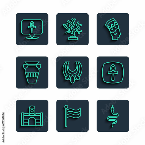 Set line Egyptian house, Flag Of, Snake, Nefertiti, necklace, vase, Cross ankh and icon. Vector