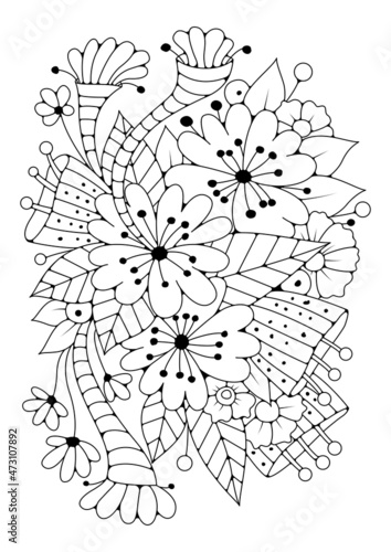 Art therapy. Vector black and white background for coloring. Magic flowers. Coloring page.