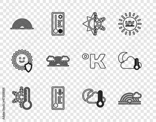 Set line Thermometer with snowflake, Rainbow cloud, Sun and, Meteorology thermometer, clouds, moon and icon. Vector