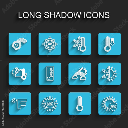 Set line Fahrenheit, UV protection, Rainbow with sun, Meteorology thermometer, Sun and snowflake and clouds icon. Vector