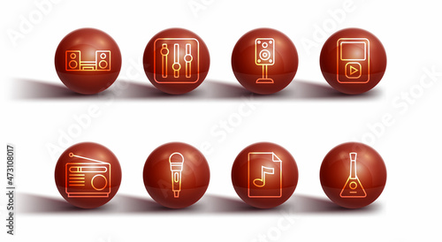 Set line Home stereo with two speakers, Radio, Music player, MP3 file document, Microphone, Sound mixer controller, Balalaika and Stereo icon. Vector