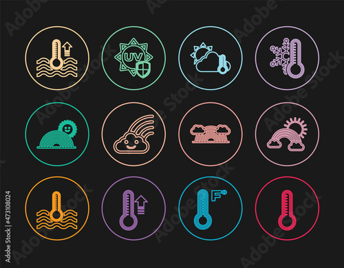 Set line Meteorology thermometer, Rainbow with clouds and sun, Thermometer cloud,, Water, and UV protection icon. Vector