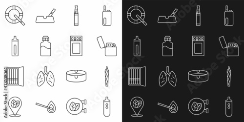 Set line Electronic cigarette, Marijuana joint, spliff, Lighter, Vape liquid bottle, Ashtray with and Matchbox and matches icon. Vector