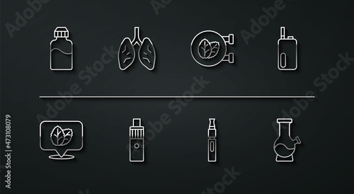 Set line Vape liquid bottle, Tobacco leaf, Electronic cigarette, mod device, Lungs, Bong and shop icon. Vector