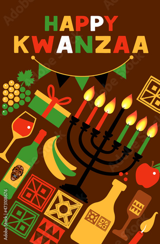 Vector illustration of Kwanzaa. Holiday african symbols with lettering on brown background.