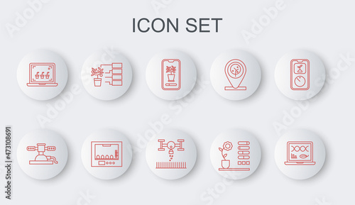 Set line Genetic engineering modification, Automatic irrigation sprinklers, Smart control farming system, Flower status, technology, analysis, Incubator for eggs and with drone icon. Vector