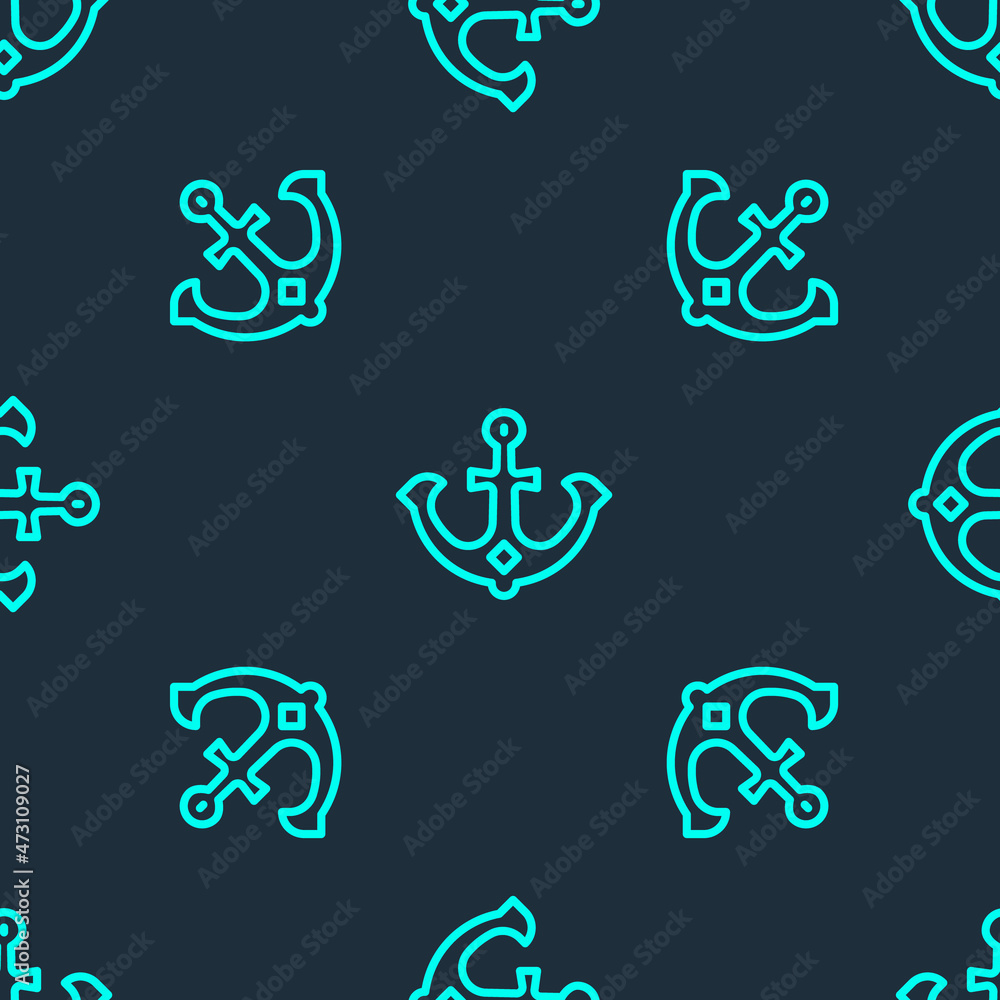Green line Anchor icon isolated seamless pattern on blue background. Vector Green line Anchor icon isolated seamless pattern on blue background. Vector