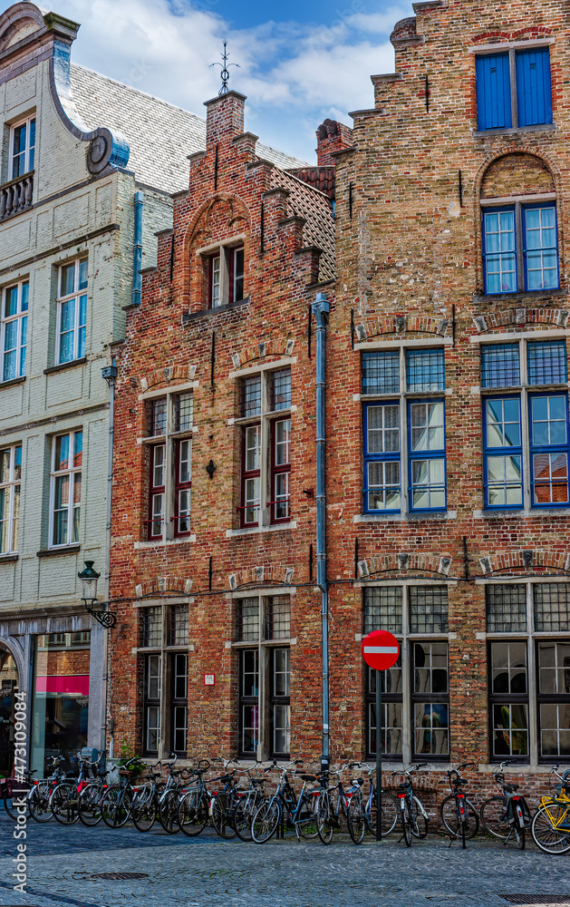 Old street in Bruges (Brugge), Belgium. Cityscape of Bruges. Typical architecture of Bruges
