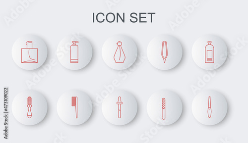 Set line Nail file, Hairbrush, Perfume, Cream cosmetic tube, and Pipette icon. Vector