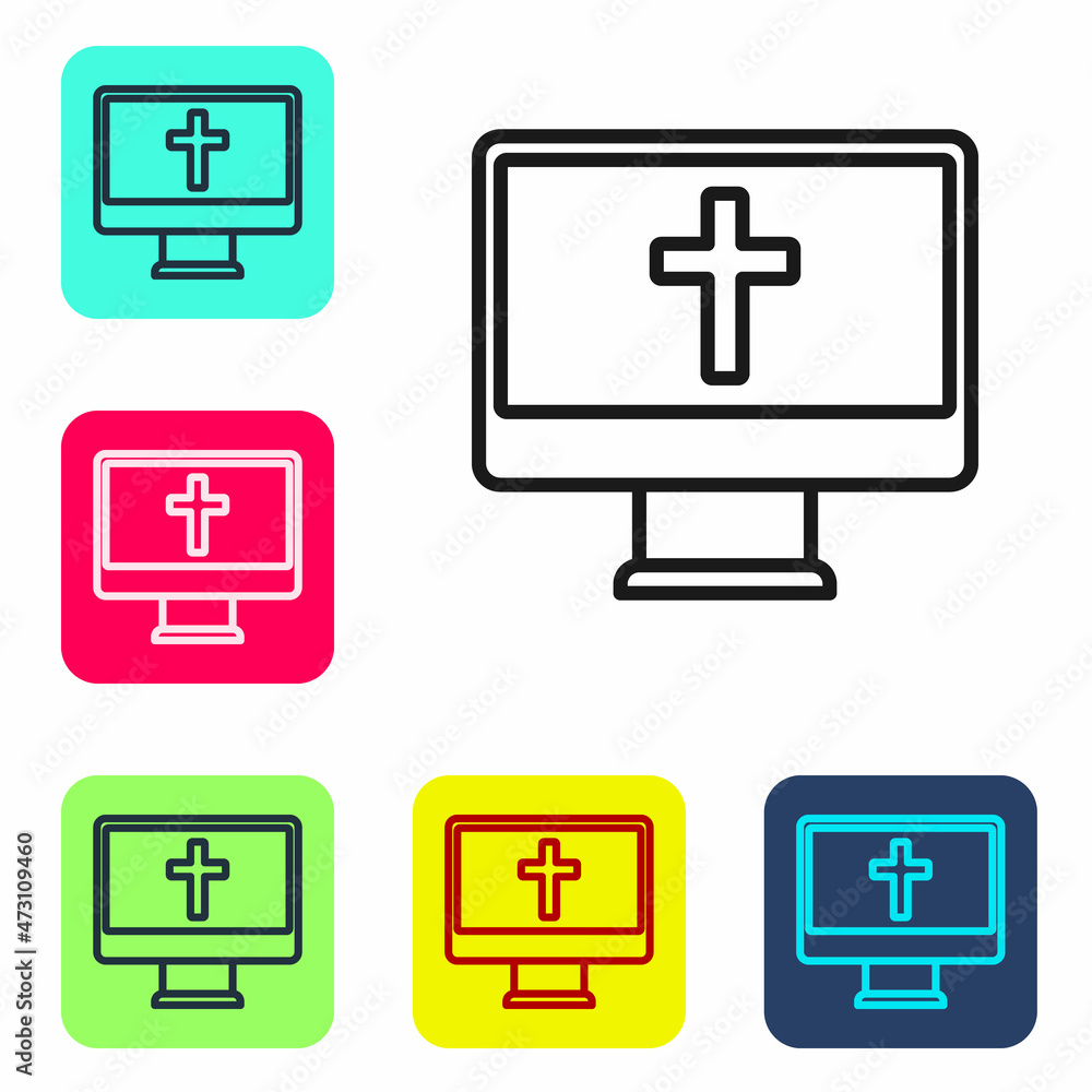 Black line Christian cross on monitor icon isolated on white background. Church cross. Set icons in color square buttons. Vector Black line Christian cross on monitor icon isolated on white background. Church cross. Set icons in color square buttons. Vector