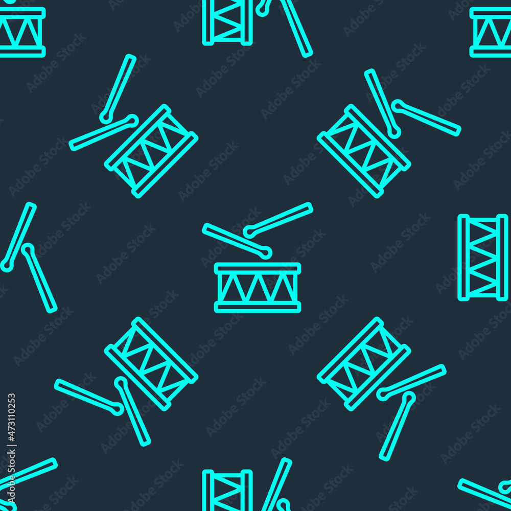 Green line Drum with drum sticks icon isolated seamless pattern on blue background. Music sign. Musical instrument symbol. Vector Green line Drum with drum sticks icon isolated seamless pattern on blue background. Music sign. Musical instrument symbol. Vector